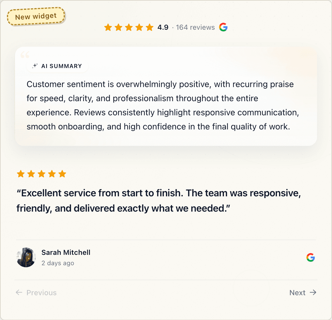 RevuKit AI Summary Carousel widget showing star rating, AI-generated review summary, and review cards