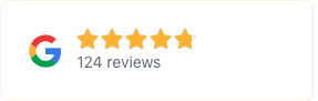 Compact stacked google review widget badge with logo, stars, and review count