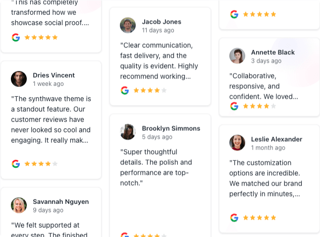 Mosaic review widget showing many testimonials in varied card sizes