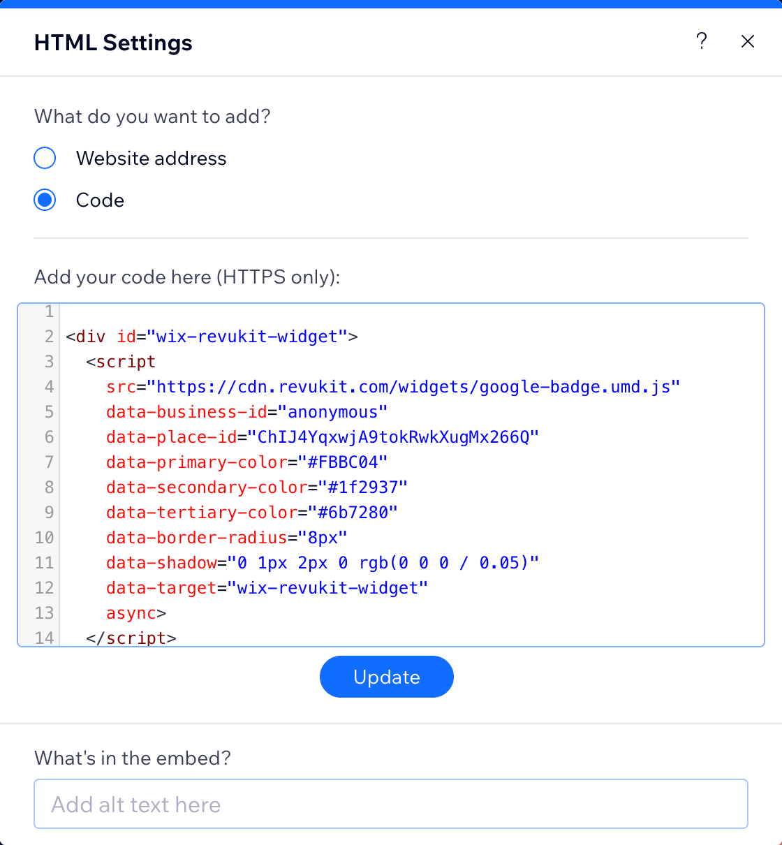 Wix Editor Embed HTML choices