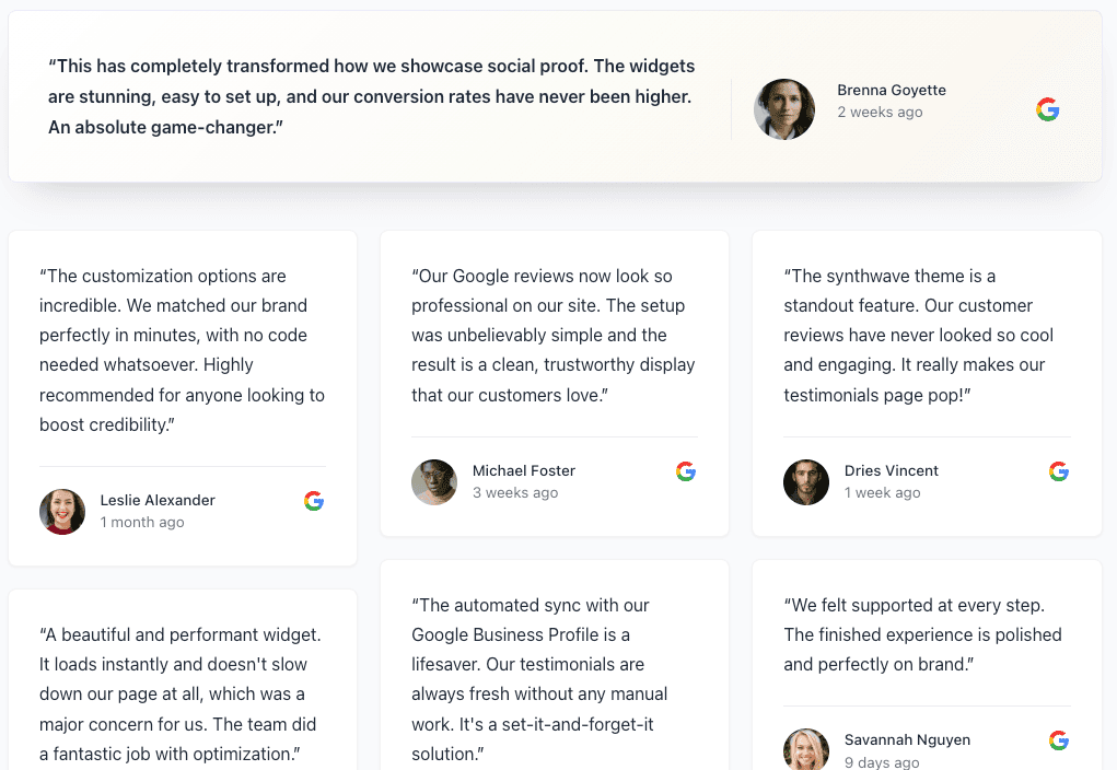 RevuKit masonry Google review widget example