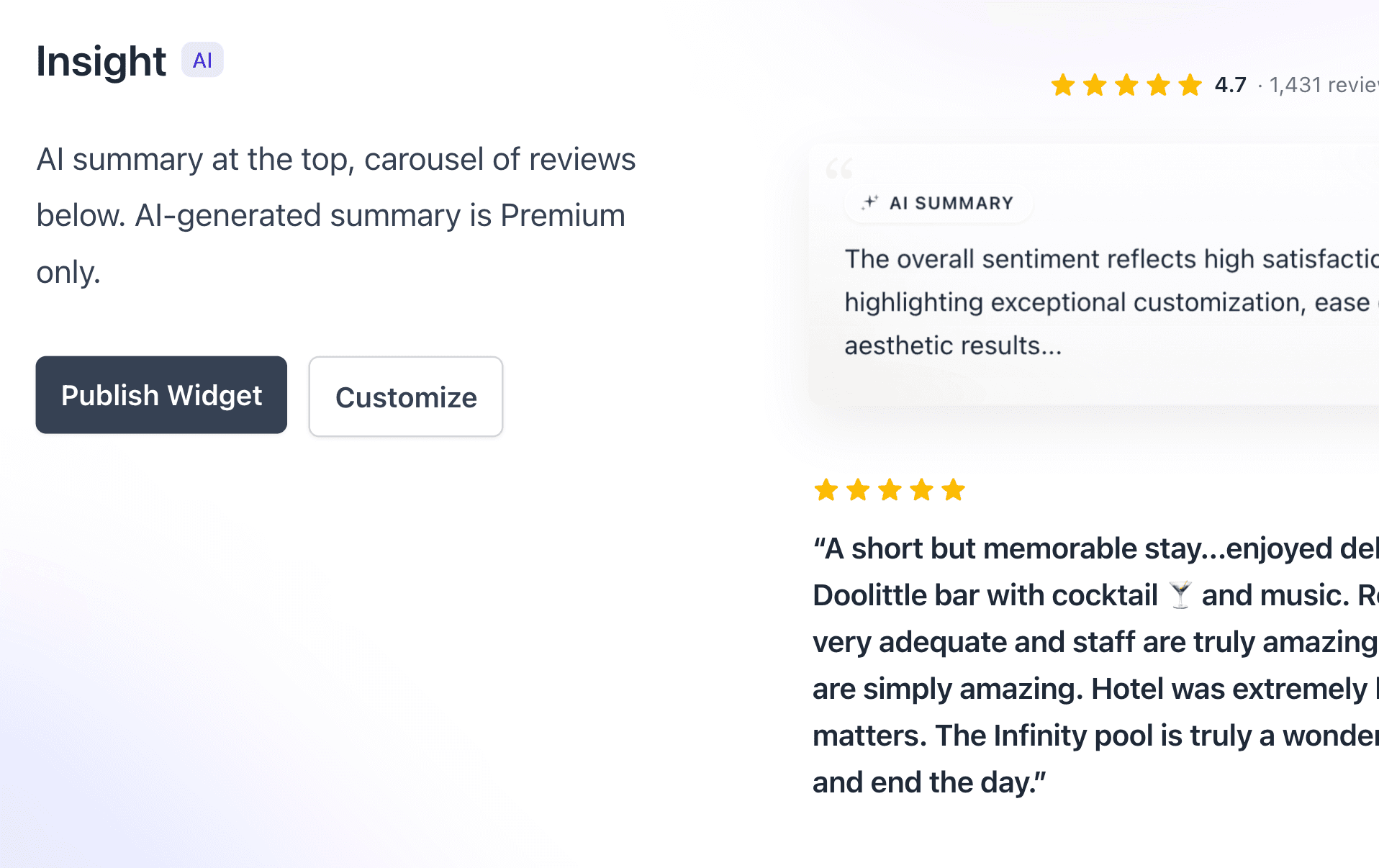 RevuKit widget customization interface showing Google Badge with business connection, custom styling options, and live preview of Google reviews
