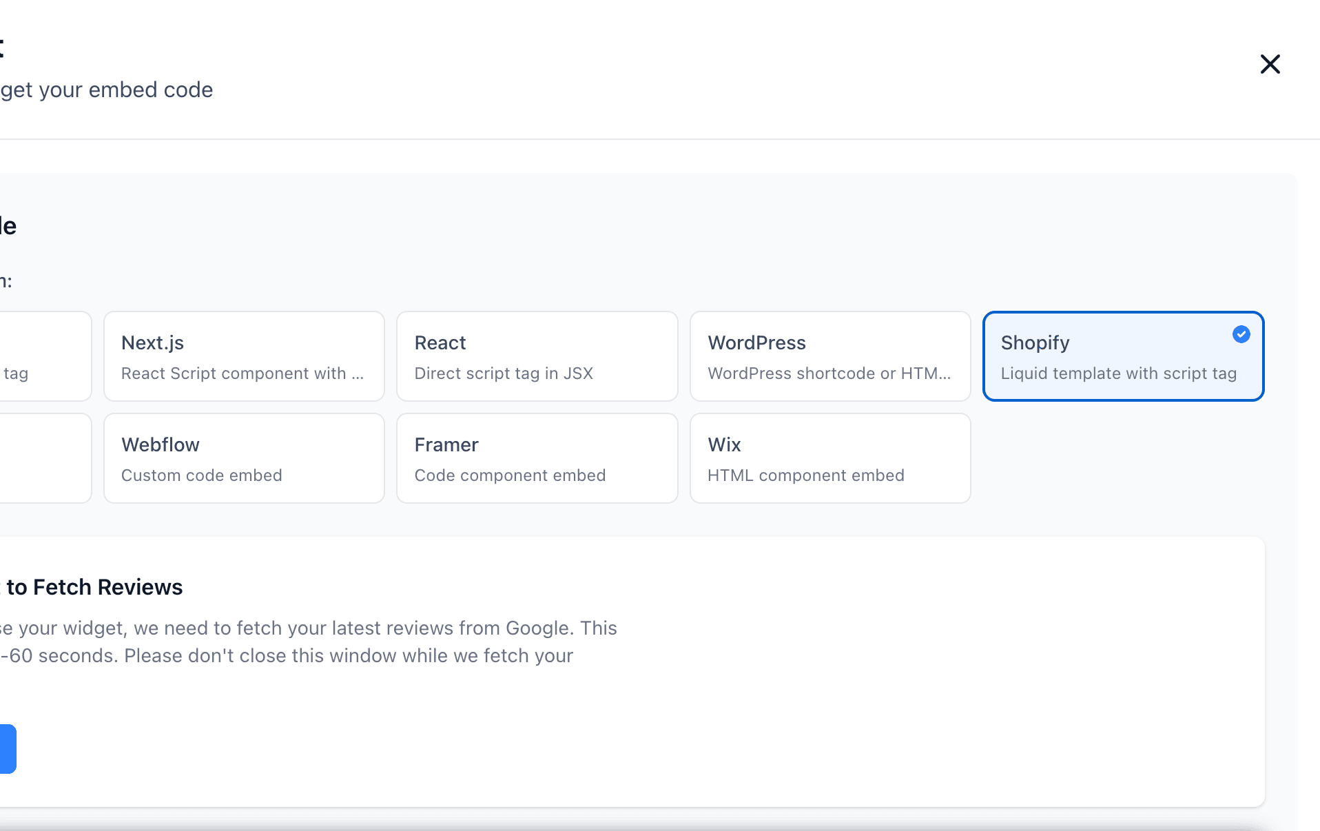 Shopify embed code screen showing HTML script tag with platform selection and Copy Code button for adding Google reviews to Shopify store