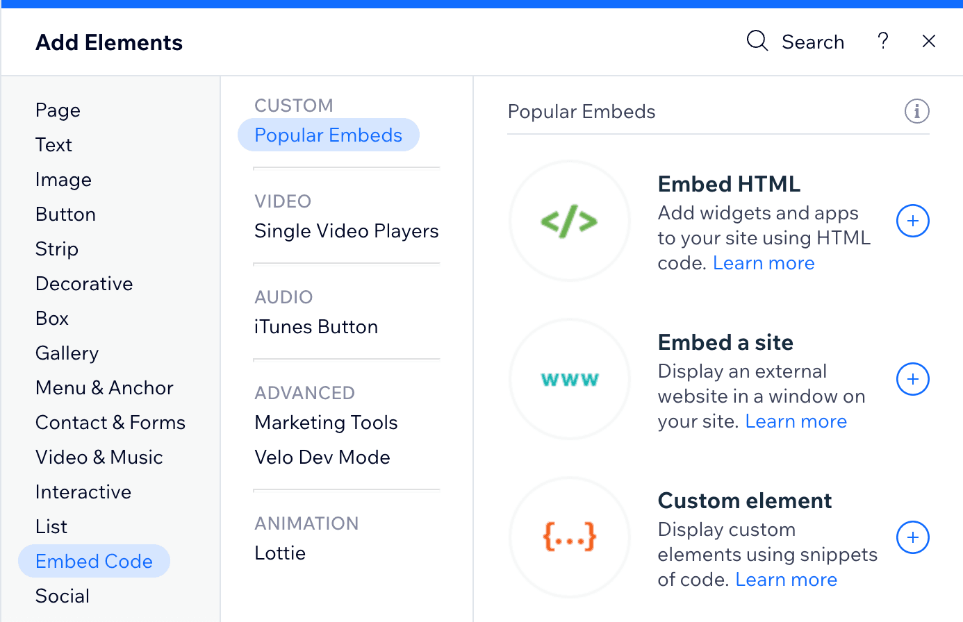 Wix Editor Embed Code options showing Embed a Widget, Embed a Site, and Embed HTML choices