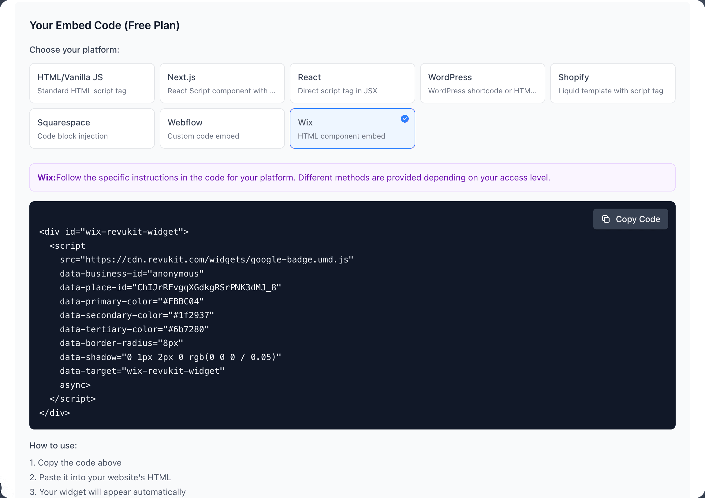 Wix embed code screen showing HTML script tag with platform selection and Copy Code button for adding Google reviews to Wix website
