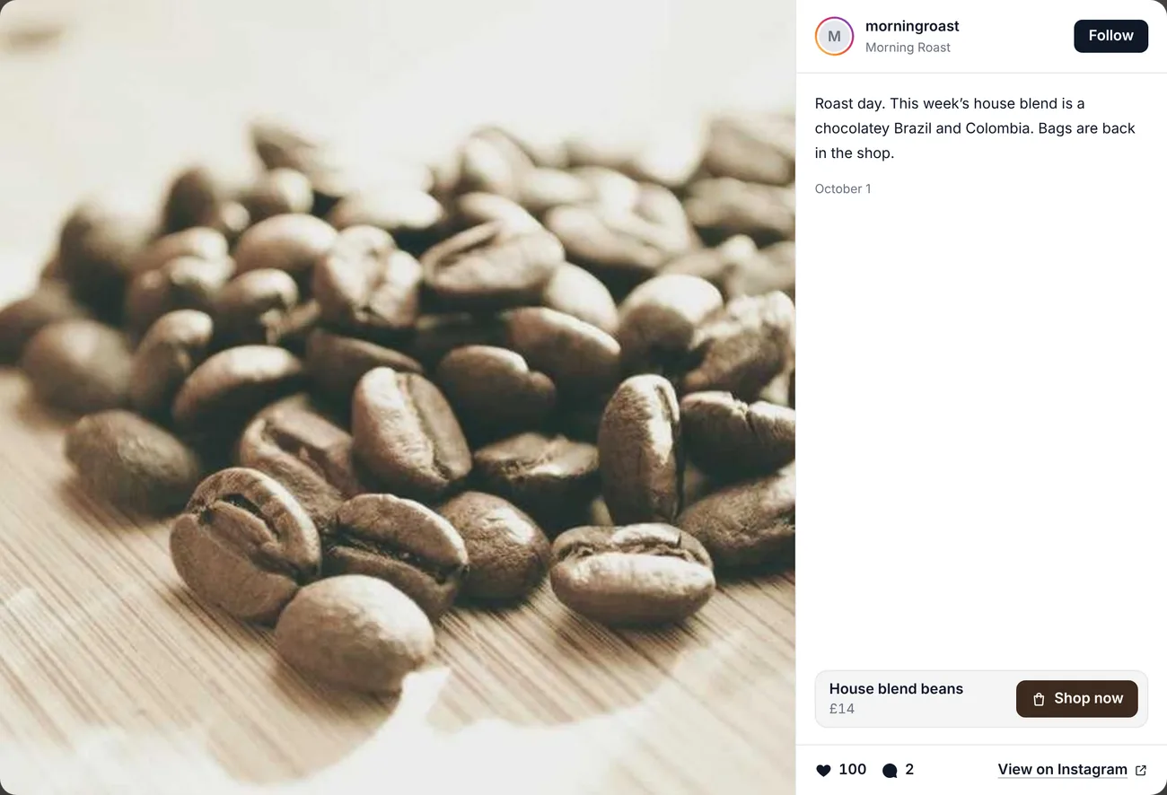 A post opened in the popup, with the product name, price and a Shop now button