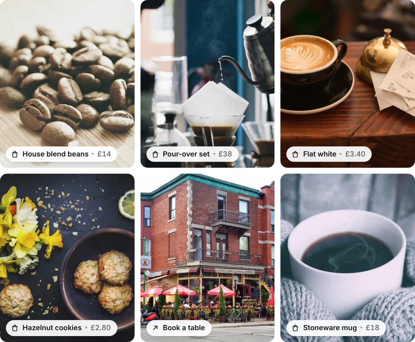 A café's Instagram feed on its website, each post with a price tag linking to its shop